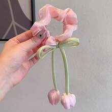 1-Piece Set/New Sweet And Versatile Tulip Flower Large Intestine Headband With High-End Temperament, Headband Tied High Ponytail Hair Accessory - 米色 - 查看 5