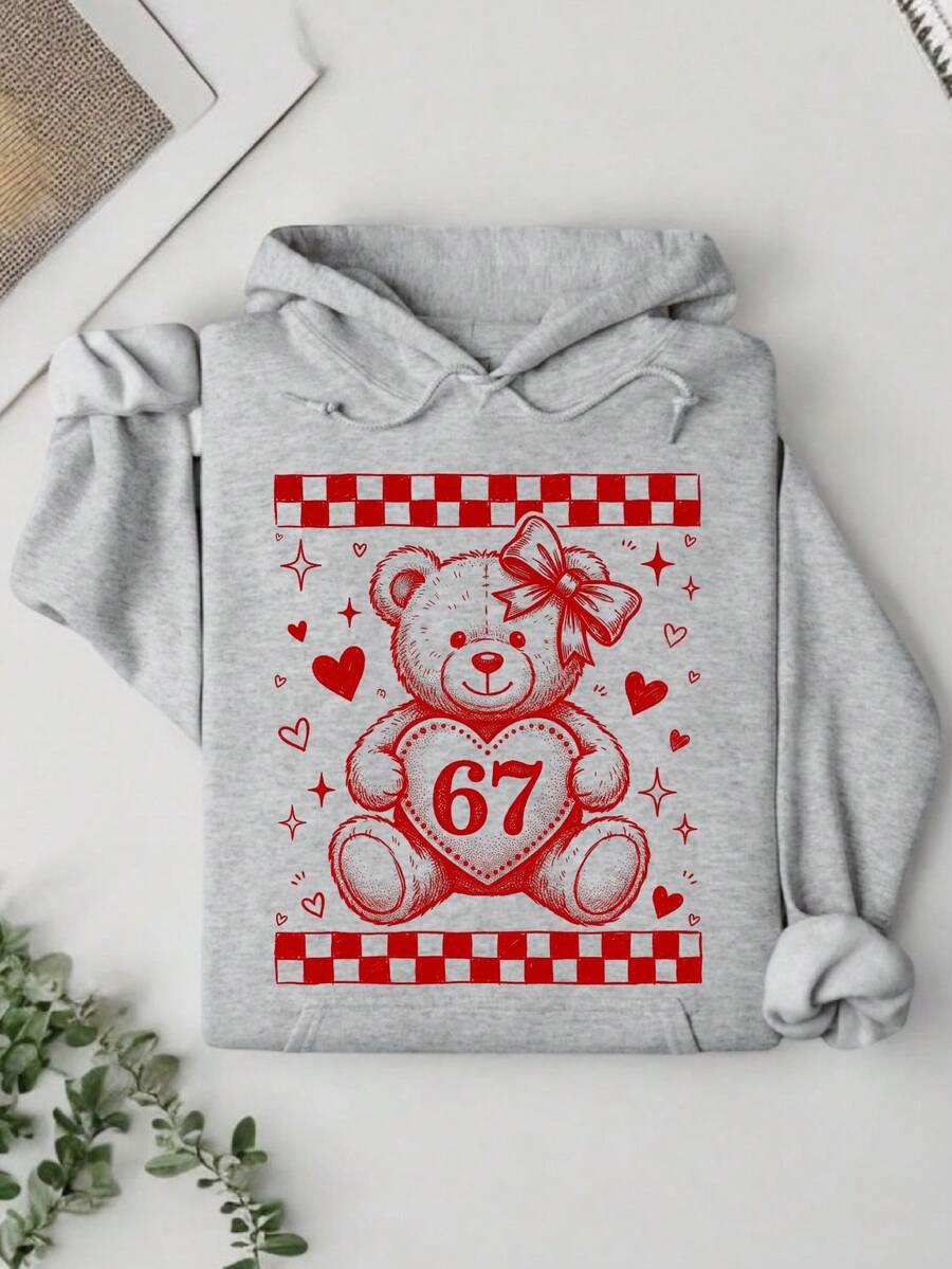 Checkered Teddy Bear 67 Hoodie, Valentine Six Seven Hooded, Valentines Teddy Bear Bow, Viral 67 Meme Gift, Women Valentine's Day Long Sleeves Hoodie TF3125 - Grey - View 1