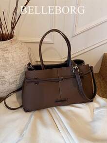 Contrast Color Minimalist Large Capacity Versatile Commuter Handbag For Women - Coffee - View 3