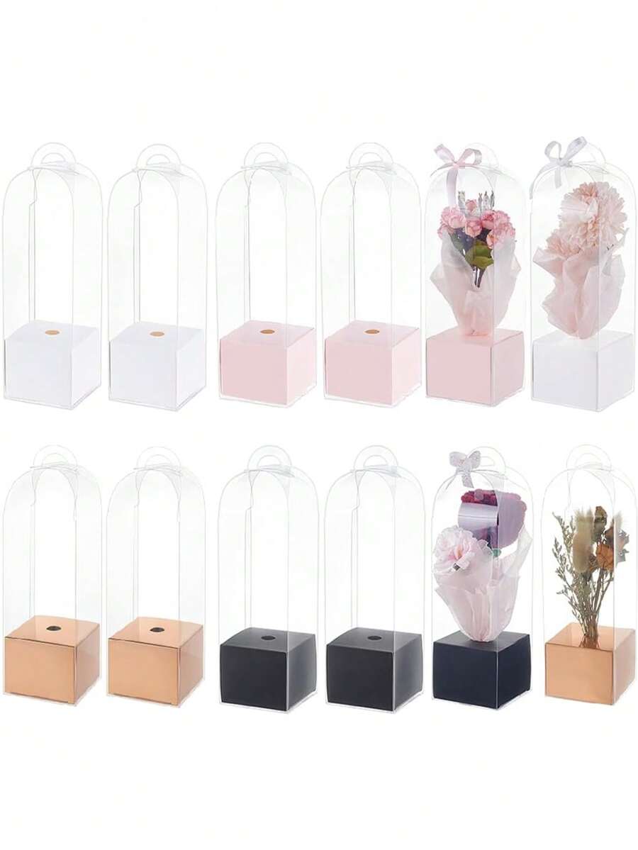 1~10Pcs Portable Transparent Flower Box Handheld Plastic Bouquet Packaging Box Birthday Wedding Valentine's Day Flower Boxes - Multicolor - View 1