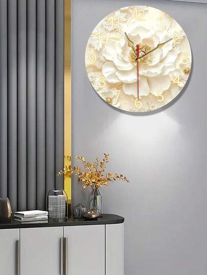1pc Elegant Floral Wall Clock - White Peony Pattern, Silent Non-Ticking, Round Wooden Frame With Gold Accents, Suitable For Living Room, Bedroom, Kitchen, Office Decor, Perfect Anniversary Gift, Battery Powered (Batteries Not Included), Wall Clock, Battery Operated Wall Clock, Living Room Clock, Battery Powered Wall Clock