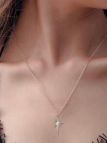 1pc Fashionable, Elegant & Minimalist Octagram Pendant Necklace - Silver - View 1