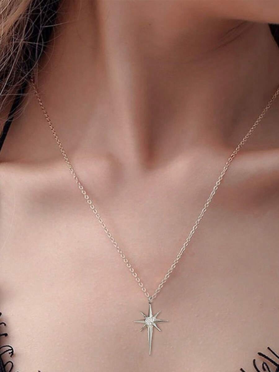 1pc Fashionable, Elegant & Minimalist Octagram Pendant Necklace - Silver - View 1