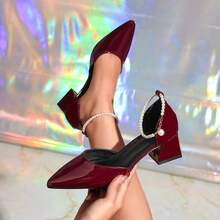 Pointed Toe French Style New Slip-On Mules, Glossy Burgundy Faux Leather High Heel Backless Sandals, Versatile Chunky Heel Party/Office Wear