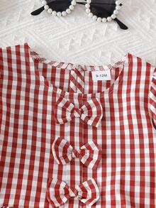 2pcs Baby Girls' 3D Bow Striped Top And Ruffle Shorts Set, Casual Cute Outfit Suitable For Outdoor Play, Sweet & Cool Style - Red - View 2