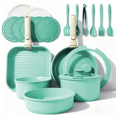 5pcs /7pcs/24 Pcs Pots And Pans Set Non Stick, Ceramic Cookware Set With Detachable Handles, Healthy Induction Cookware Oven RV Kitchen Set