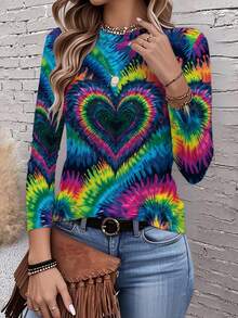 Women's Multicolor Tie-Dye Heart Print Long Sleeve T-Shirt - All-Over  Pattern With Blue Pink Green Yellow Orange Red White Black, Round Neck Casual Spring/Fall Top For Valentine's Day & Casual Attire, Fall Outfit, Spring Fashion, Colorful Design, Breathable Material, Machine Washable, Printed Blouse, Women, Gift Seekers   Ideal For Everyday Wear, Casual Layering, And Comfort, This Relaxed Shirt Is A Versatile Holiday Top Suitable For Camping Or Hiking, Designed For Year-Round Casual Dressing - Mixed Color - 查看 1