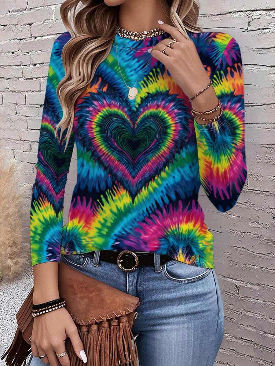Women's Multicolor Tie-Dye Heart Print Long Sleeve T-Shirt - All-Over  Pattern With Blue Pink Green Yellow Orange Red White Black, Round Neck Casual Spring/Fall Top For Valentine's Day & Casual Attire, Fall Outfit, Spring Fashion, Colorful Design, Breathable Material, Machine Washable, Printed Blouse, Women, Gift Seekers   Ideal For Everyday Wear, Casual Layering, And Comfort, This Relaxed Shirt Is A Versatile Holiday Top Suitable For Camping Or Hiking, Designed For Year-Round Casual Dressing - Mixed Color - 查看 1