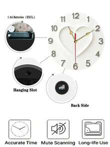 2D 平面白色心形挂钟，金色指针 - 静音木质设计，电池供电（不含电池） - 家居装饰、客厅、卧室的理想之选，精美礼品，挂钟配件，简约装饰，2D 平面 - 彩色 - 查看 4