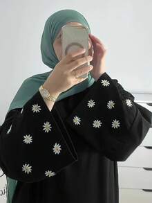 女士长袖连衣裙，宽松花卉刺绣长袍，适合春夏穿着，中东/阿拉伯风格，迪拜黑色 - 黑色 - 查看 2