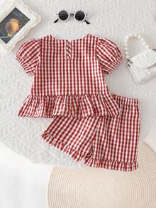 2pcs Baby Girls' 3D Bow Striped Top And Ruffle Shorts Set, Casual Cute Outfit Suitable For Outdoor Play, Sweet & Cool Style - Red - View 5