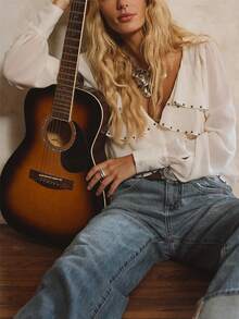 Áo kiểu tay dài cổ chữ V bèo nhún, màu trơn, đính hạt ngọc trai giả, phong cách thường ngày, thích hợp cho mùa xuân. - Ngà voi - Xem 2