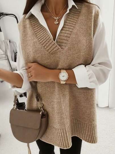 Solid Cable Knit Knitted Vest, Casual Sleeveless Crew Neck Split Hem Top, Women's Clothing