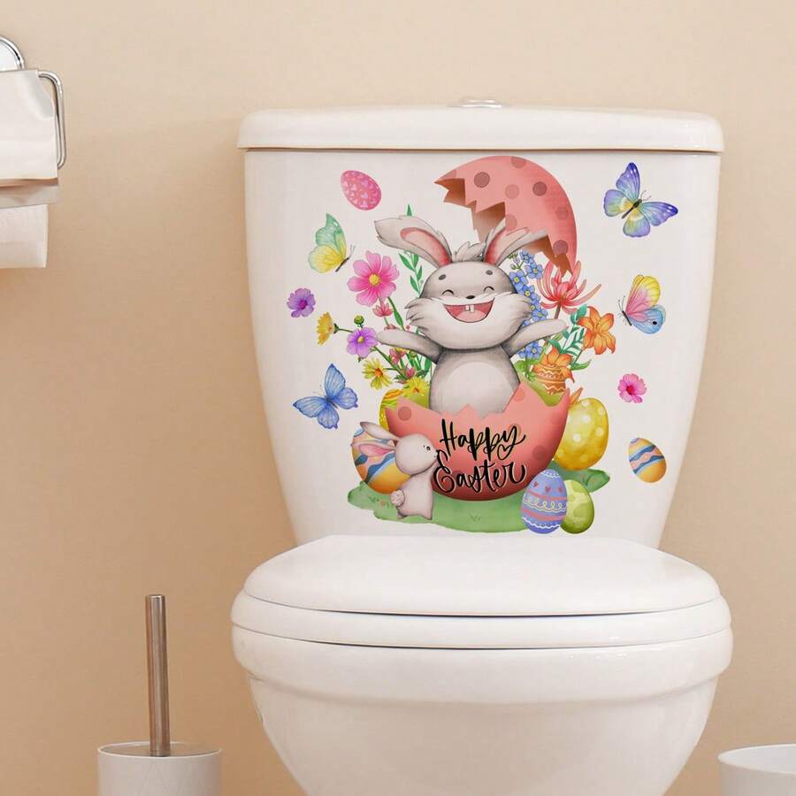 1张可移除卡通兔子、彩蛋、花朵、蝴蝶图案马桶贴纸，适合复活节、春季卧室和浴室家居装饰 - 彩色 - 查看 1
