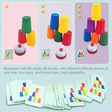 一套叠杯游戏（包含卡片、12个杯子、1个铃铛），桌面游戏，颜色分类叠杯，采用耐用材料制成。便携易玩，随时随地都能玩。有助于培养快速思考和反应能力。 - 彩色 - 查看 6