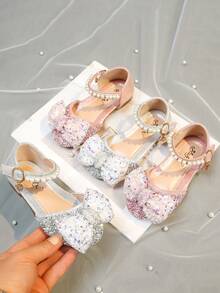 1 Pair Girls' Sweet Princess Bow Rhinestone Summer Sandals, Casual Versatile Flat Slide Sandals, Suitable For Toddler, Little, And Big Kids - Pink - View 6