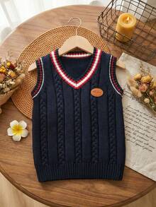 Boys' Knitted Vest, Navy Blue, V-Neck Cable Knit Cotton Sweater Vest, School Style, Suitable For Autumn And Spring Back To School