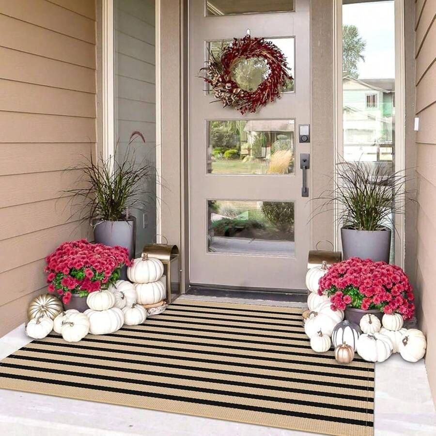 IOHOUZE Striped Area Rug 3'x5' Front Door Rugs Small Washable Area Rug For Front Porch, Spring Summer Welcome Door Mats Outdoor Indoor, Doormat For Entryway Porch Entrance, Tan/Black,One-Size,TanFFBlackssstripe3x5Rectangular - TanFBlacksstripe3x5Rectangular - View 1
