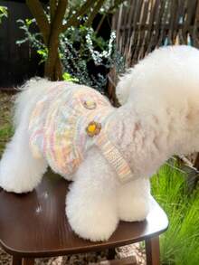 粉彩彩虹小狗连衣裙，毛茸茸的针织毛衣裙，带D形环可系牵引绳，可爱花朵装饰，适合小型、中型犬猫穿着，保暖冬季宠物服装 - 彩色 - 查看 6