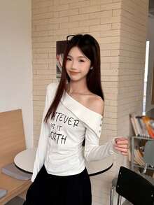 Oblique Shoulder Long Sleeve T-Shirt For Women, Letter Print Pleated Waist, High-End Early Autumn Undershirt - White - View 5