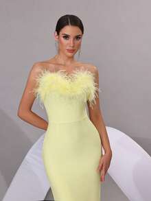 Modphy 仿羽毛性感无肩带露背紧身绷带长裙，优雅女士正式晚礼服，适合婚礼、派对、伴娘等场合，春季款 - 黃色 - 查看 7