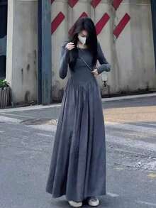 New For Early Fall: Women's French Hepburn Black Long Dress: Long Sleeves For Cold Protection, A-Line Figure-Shaping, High Waist For Longer Legs, Elegant For Commuting, Korean-Inspired Details, Can Be Worn Inside Or On Its Own, A Simple Black Fall Staple - 黑色 - 查看 7