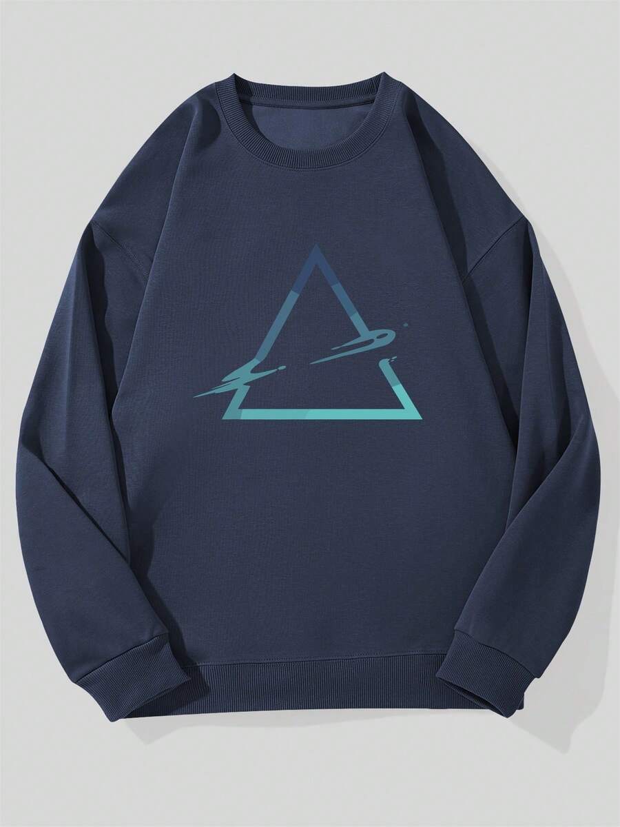 Men's Casual Crew Neck Sweatshirt With Triangle Pattern - Navy Blue - View 1