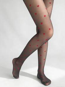 1件装女士红色爱心渔网袜，性感透明黑色紧身裤，时尚装饰连裤袜，适合日常、派对、街头风、休闲穿着 - 黑色 - 查看 6