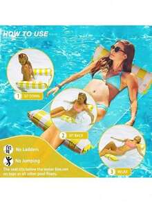 1pc Inflatable Pool Hammock With Mesh - Striped Adult Lounger, Perfect For Vacation, Party And Relaxation. Available In Multiple Colors Including Pink, Yellow, White, Green And Blue. Must-Have Outdoor Hammock For Beach And Pool, Great For Photo Ops. Backrest Floating Bed, Foldable. - Multicolor - View 2