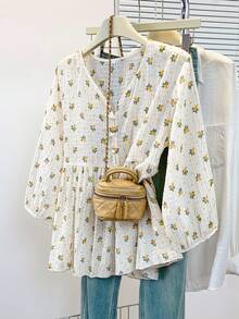 YUXIN 女士浪漫碎花衬衫 | 纹理V领灯笼袖衬衫 | 多色可选 | 宽松版型，适合夏季、春季和假期休闲/街头/办公穿着 - 綠色 - 查看 2