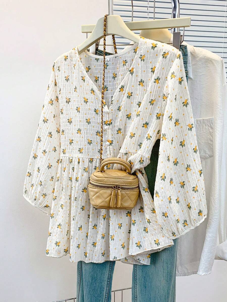 YUXIN 女士浪漫碎花衬衫 | 纹理V领灯笼袖衬衫 | 多色可选 | 宽松版型，适合夏季、春季和假期休闲/街头/办公穿着