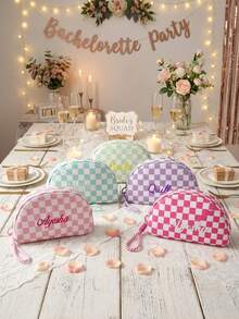 Bolsa de maquillaje bordada a medida con estampado de cuadros | Organizador de artículos de tocador de viaje para mujeres, regalo de despedida de soltera, regalo de ducha nupcial, bolsa de cosméticos para almacenamiento portátil - Multicolor - Ver 6