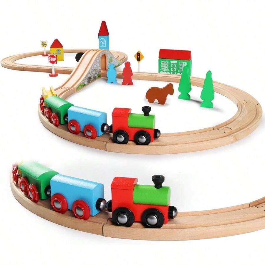 SainSmart Jr. Juego de Tren de Madera para niños pequeños con Pistas de Tren de Doble Cara para Brio Thomas  y Doug Tren de Juguete de Madera para niños y niñas de 3 4 5 años - como en la foto - Ver 1