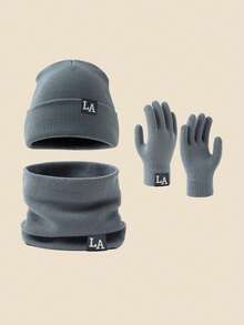 3pcs LA Logo Knit Beanie + Scarf + Gloves Set, Unisex Autumn/Winter Windproof Warm Soft Comfortable Hat, Neck Warmer, Gloves, Suitable For Daily Commute, Study, Work, Gathering, Outdoor Travel, Hiking, Versatile Knit Cap, Essential For Cold Weather Vacation Outfits - A - View 10