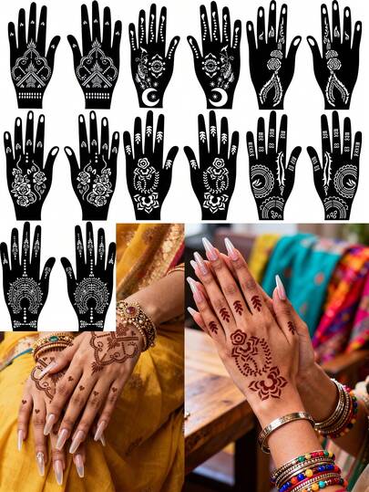 1 Pair Of 2PCS Left And Right Hand Haina Dual Hand Tattoo Template, Body Art Lace Lace Pattern, Suitable For Both Men And Women, Semi Permanent Body Skin Waterproof Simulation Tattoo Template Set For Back And Feet