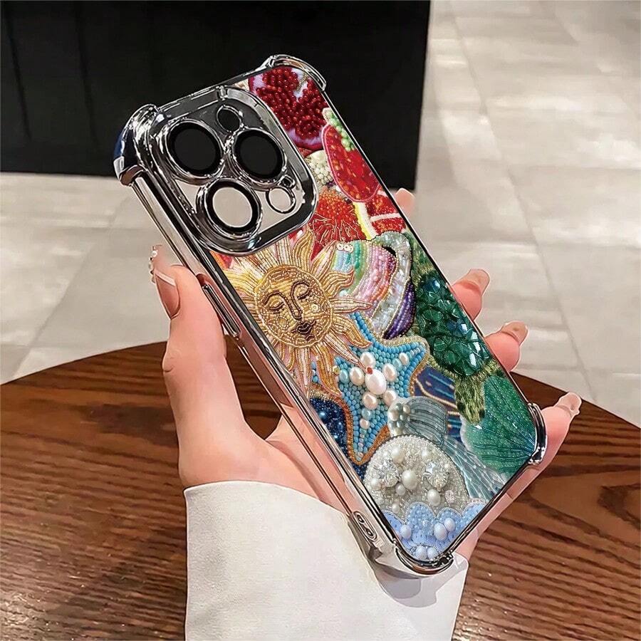 1pcs Sun & Ocean Pearl Beaded Phone Case Compatible with Apple Phone17 16 15 14 13 12 11 ProMax Antidrop Phone Case, Camera Protection Phone Case, Vintage, Light Luxury Style, Exquisite, Stunning, Can Be Given To Friends, You Can Give It To Yourself - Plateado - Ver 1