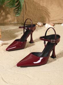 9cm Pointed Toe Adjustable Buckle Strap High Heels, Elegant Mirrored PU Leather Sexy Burgundy Pumps, Versatile & Comfortable For Daily, Party, Christmas, Valentine's Date, Women's Formal Shoes - Burgundy - View 5