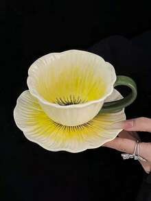 1set Ins Style High-Quality Ceramic Flower Petal Coffee Cup & Saucer Set, Hand-Painted Underglaze Relief Craftsmanship, Household Breakfast Milk Cup, Bread Plate, Office Afternoon Tea Coffee Cup, Latte Art Cup, Juice Beverage Cup, Dessert Cake Plate, Couple Water Cup, Holiday Gift Cup