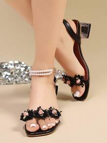 Women's Fashion Floral Crystal Chunky Heel High Heels, Fairy Style Faux Pearl Beaded Shoes,Spring Summer Outfits - Black and Red - View 7