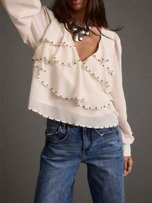 Áo kiểu tay dài cổ chữ V bèo nhún, màu trơn, đính hạt ngọc trai giả, phong cách thường ngày, thích hợp cho mùa xuân. - Ngà voi - Xem 10