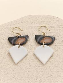 1 Pair Fashion Retro Premium Polymer Clay And Metal Drop Earrings With Marbled Agate Texture Gilding Detail Asymmetrical Geometric Shape Decor Dangle Earrings For Young Females Weekend Hangout Art Exhibition Wear And Retro Luxury Style Enthusiasts Party Daily Accessories - Multicolored Gilded Pottery - View 13