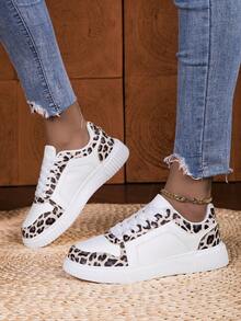 女士轻便系带低帮运动鞋 - 豹纹点缀休闲鞋，简约设计，适合跑步、步行和日常穿着，四季皆宜，时尚百搭的学生运动鞋 - 滑板鞋 - 训练鞋 - 棕色 - 查看 1