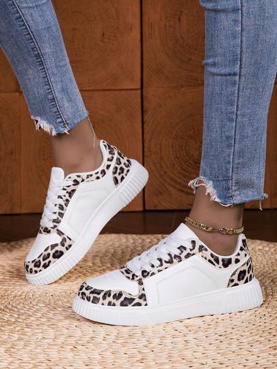 女士轻便系带低帮运动鞋 - 豹纹点缀休闲鞋，简约设计，适合跑步、步行和日常穿着，四季皆宜，时尚百搭的学生运动鞋 - 滑板鞋 - 训练鞋