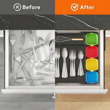 1个可伸缩厨房抽屉收纳盒，黑色可伸缩餐具托盘，带7个隔层，烹饪用具收纳抽屉整理架 - 彩色 - 查看 5