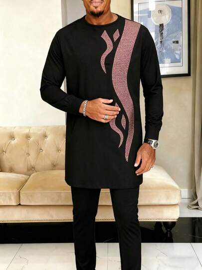 New African Style Men's Full Set Outfit, Long Sleeve Solid Color Top And Pants Set, Elegant For Business, Party, Wedding