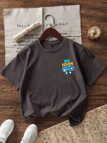 Young Boy Casual Graphic Print Crew Neck Short Sleeve T-Shirt, Summer Top - Dark Grey - View 7