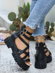 Women's Thick Sole Sandals With Multi-Strap Hook And Loop Design And Back Zipper, Black PU Upper High-Top Roman Sandals, Suitable For Beach, Sand, Casual Holiday - Black - View 7