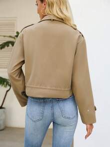 Women's Stylish Short Jacket With Drawstring Waist And Pockets Long Sleeve Button Front Woven Fabric Utility Coat