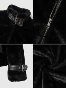 黑色仿毛皮长袖高领拉链外套，时尚优雅，适合日常穿着、派对、冬季、情人节等场合。 - 黑色 - 查看 7
