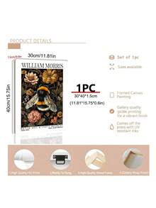 1pc William Morris-Inspired Bee & Floral Canvas Art Print Modern Retro Poster, Animal Theme Wall Decor For Living Room, Bedroom, Home Office - Botanical Nature Insect Wall Art, Festival Gifts, Office Decor, Kitchen Decor, Wall Arts, Wall Decor, Home Decor, Room Decor, Canvas Wall Art, Posters, Wall Art With Frame, Optional Frame - Multicolor - View 8